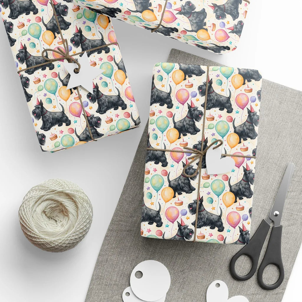 Scottish Terrier Birthday Wrapping Paper — styled gift wrapping with scissors and twine