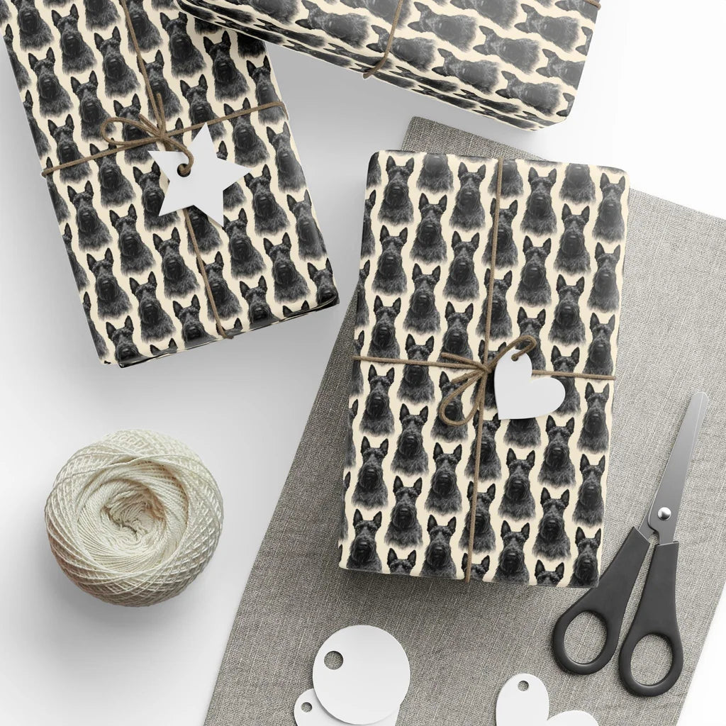 Scottish Terrier Portrait Wrapping Paper — styled gift wrapping with scissors and twine