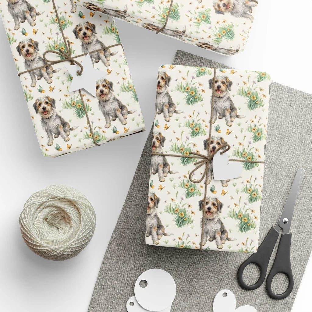 Scruffy & Sweet: Terrier Mix Spring Wrapping Paper — styled gift wrapping with scissors and twine
