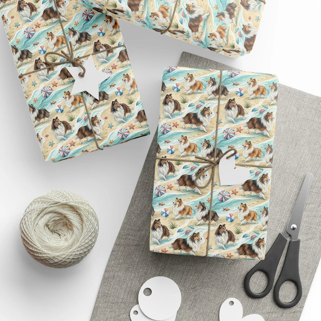 Shell Yeah! Sheltie Beach Day Wrapping Paper — styled gift wrapping with scissors and twine