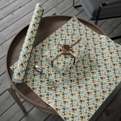 Shell Yeah! Sheltie Beach Day Wrapping Paper — gift wrapping presented on a wooden table