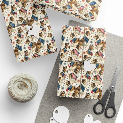 Sheltie Americana Wrapping Paper — styled gift wrapping with scissors and twine