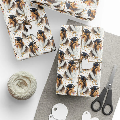 Sheltie Graduation Wrapping Paper — styled gift wrapping with scissors and twine
