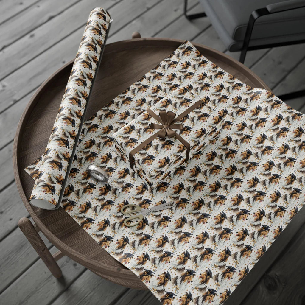 Sheltie Graduation Wrapping Paper — gift wrapping presented on a wooden table