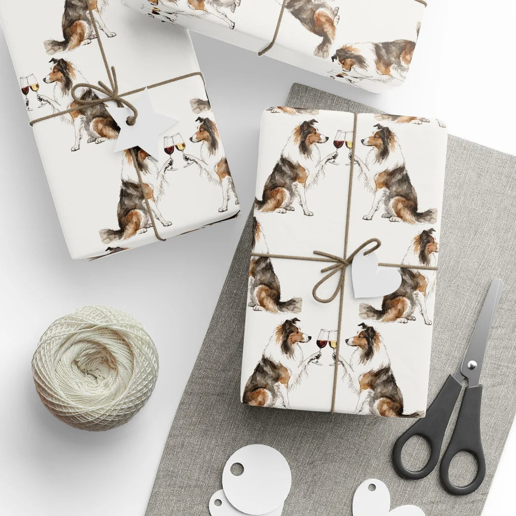 Sheltie Happy Hour Wrapping Paper — styled gift wrapping with scissors and twine
