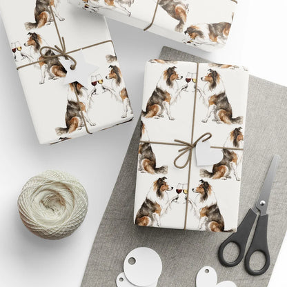 Sheltie Happy Hour Wrapping Paper — styled gift wrapping with scissors and twine