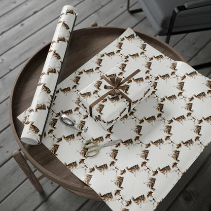 Sheltie Happy Hour Wrapping Paper — gift wrapping presented on a wooden table
