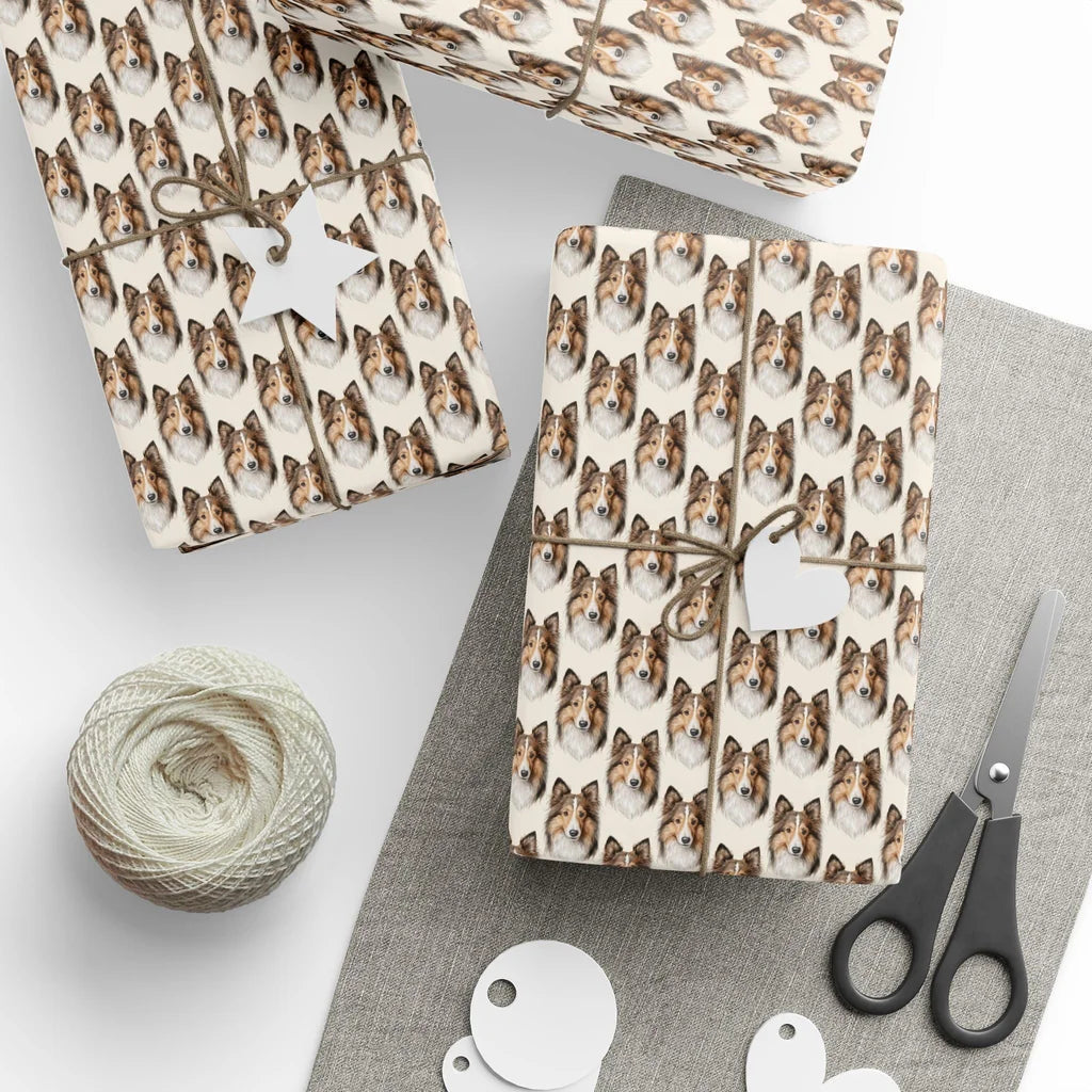 Sheltie Portrait Wrapping Paper — styled gift wrapping with scissors and twine
