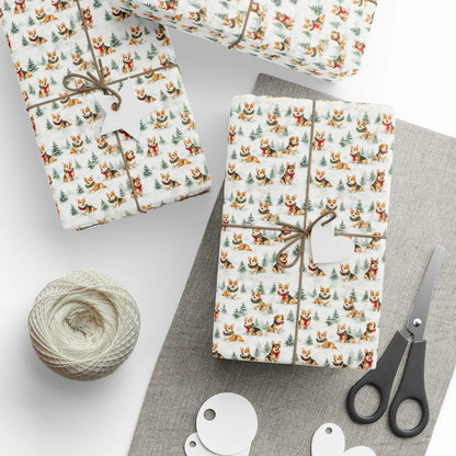 Shiba Inu Christmas Wrapping Paper — styled gift wrapping with scissors and twine