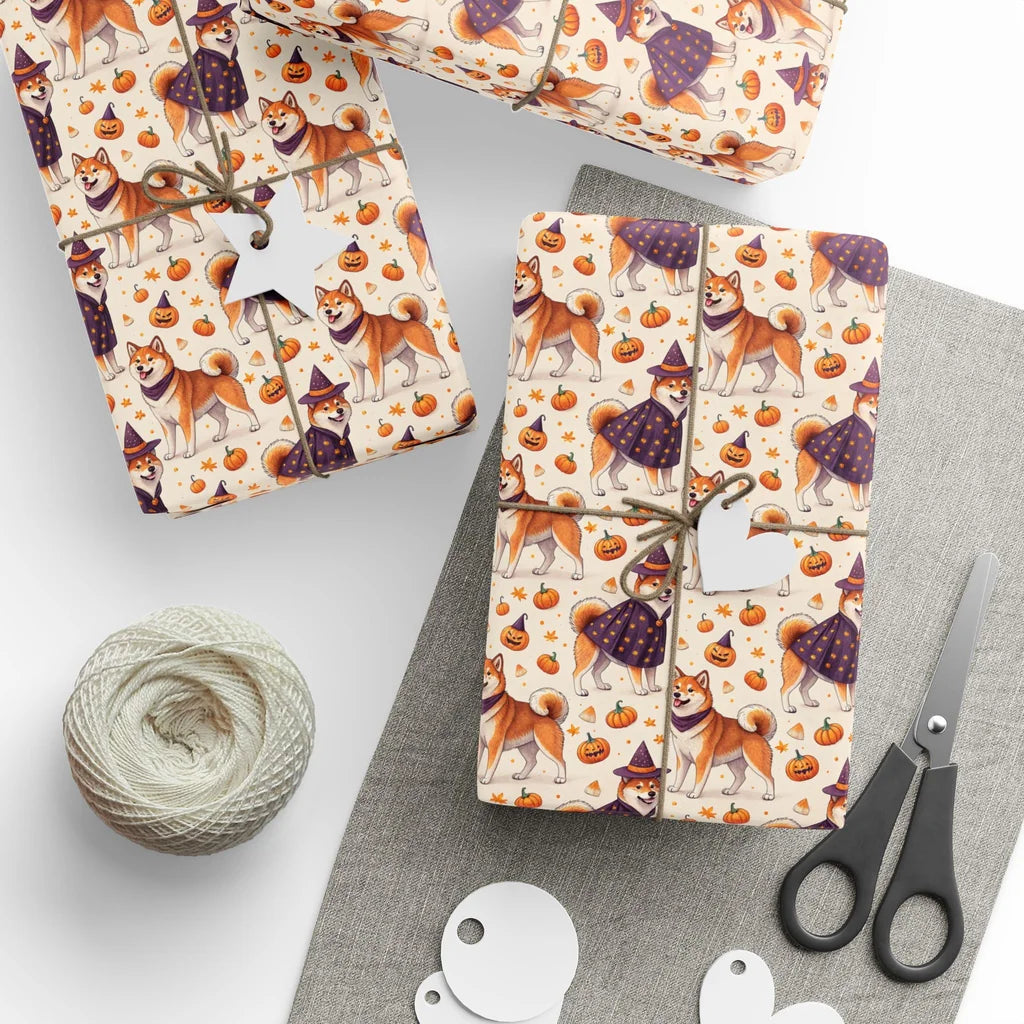 Shiba Inu Halloween Witch Wrapping Paper — styled gift wrapping with scissors and twine