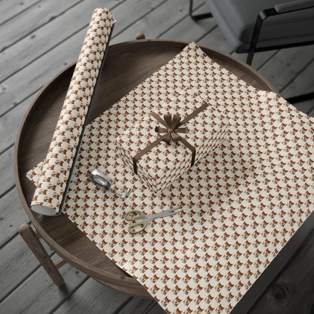 Shiba Inu Portrait Wrapping Paper — gift wrapping presented on a wooden table