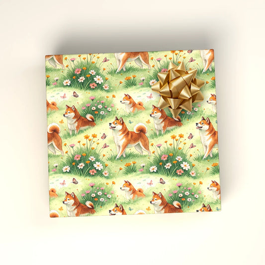 Shiba Inu Spring Garden Wrapping Paper — wrapped gift presentation