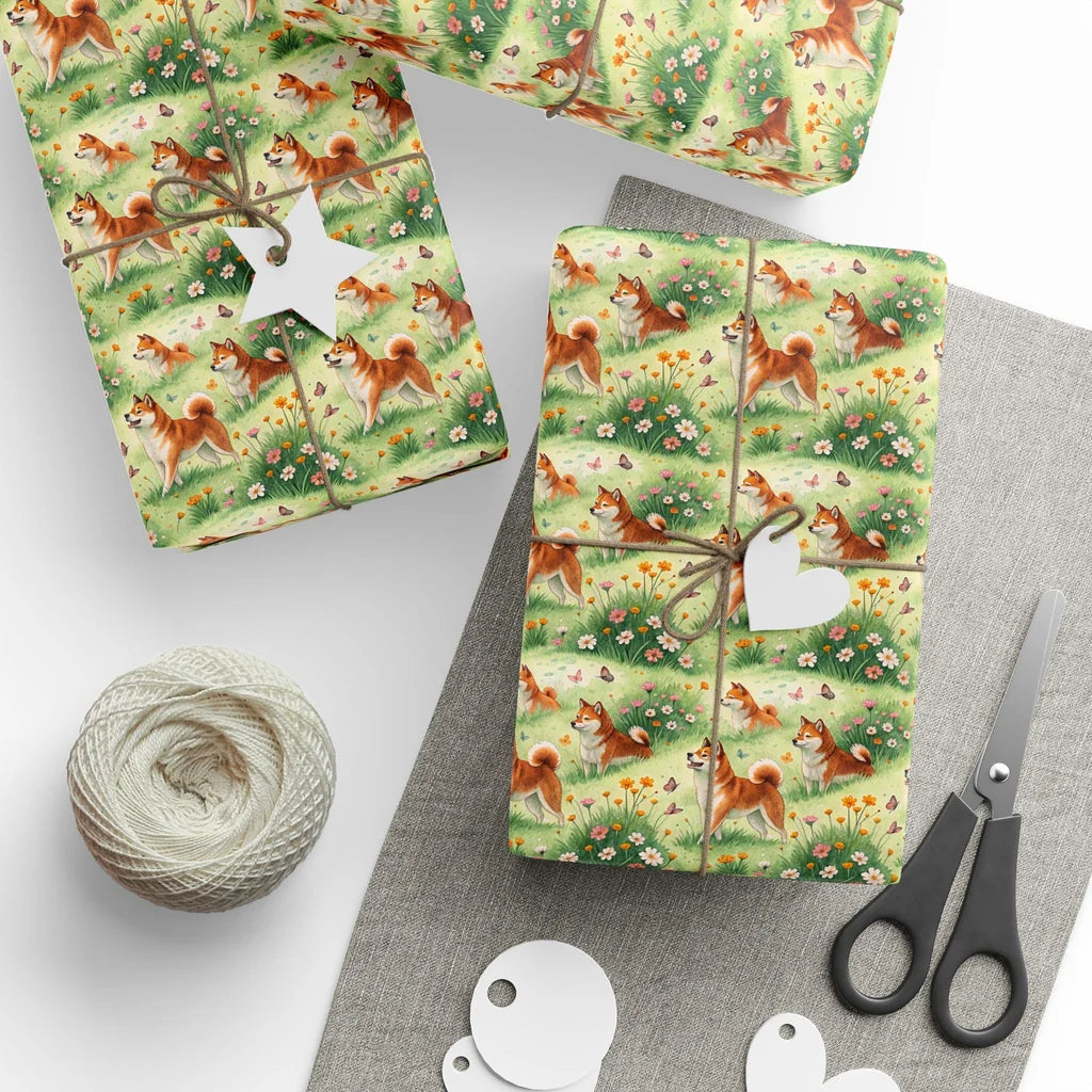 Shiba Inu Spring Garden Wrapping Paper — styled gift wrapping with scissors and twine