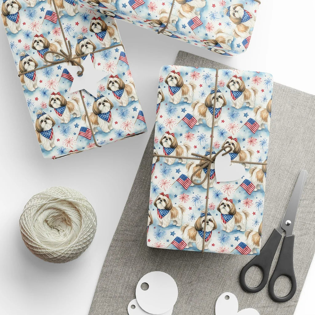Shih Tzu Americana Wrapping Paper — styled gift wrapping with scissors and twine