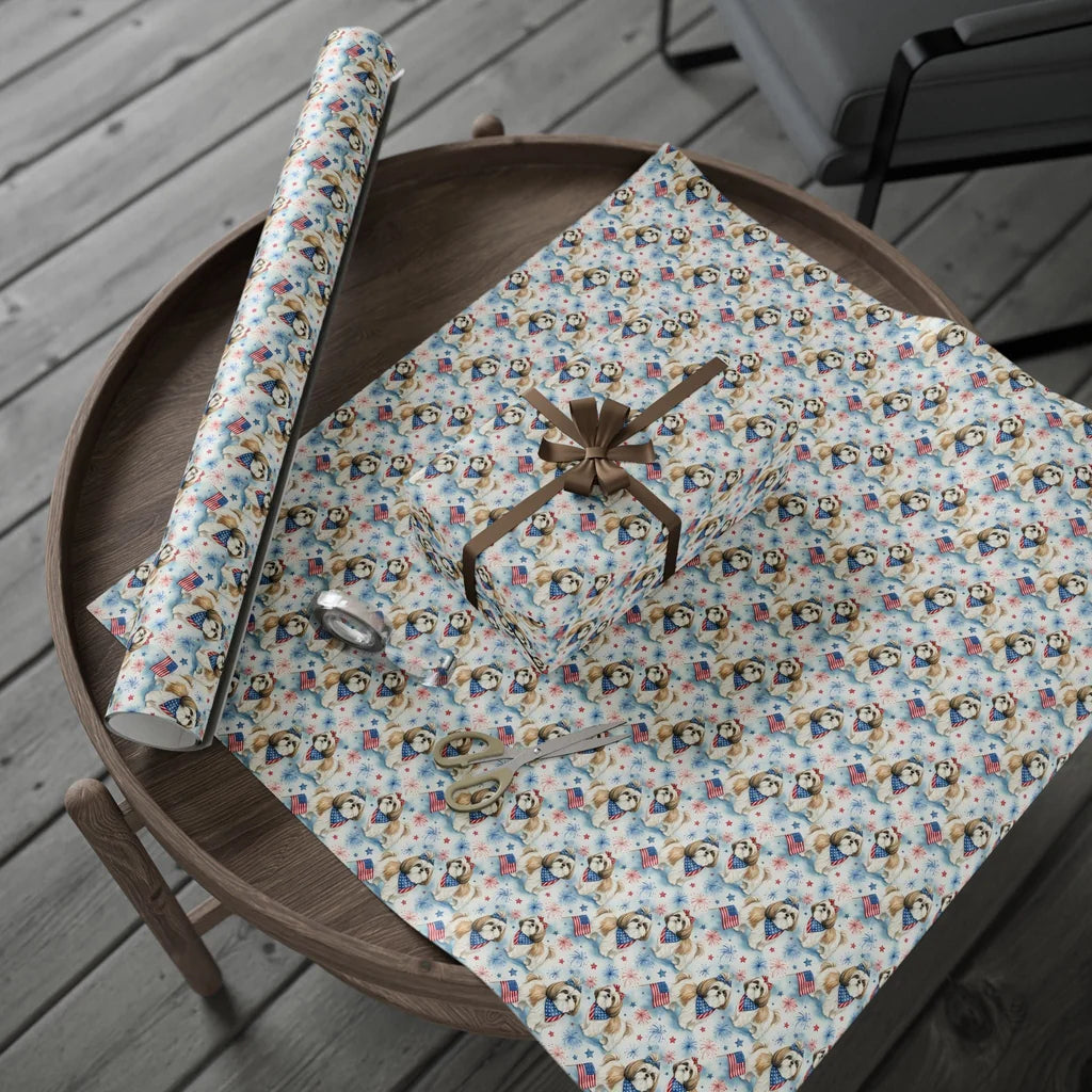 Shih Tzu Americana Wrapping Paper — gift wrapping presented on a wooden table