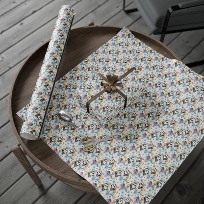Shih Tzu Americana Wrapping Paper — gift wrapping presented on a wooden table