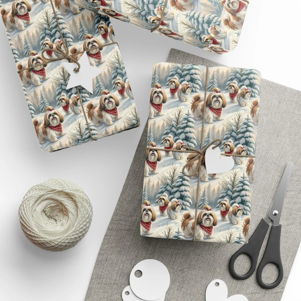 Shih Tzu Christmas Wrapping Paper — Winter Wonderland — styled gift wrapping with scissors and twine