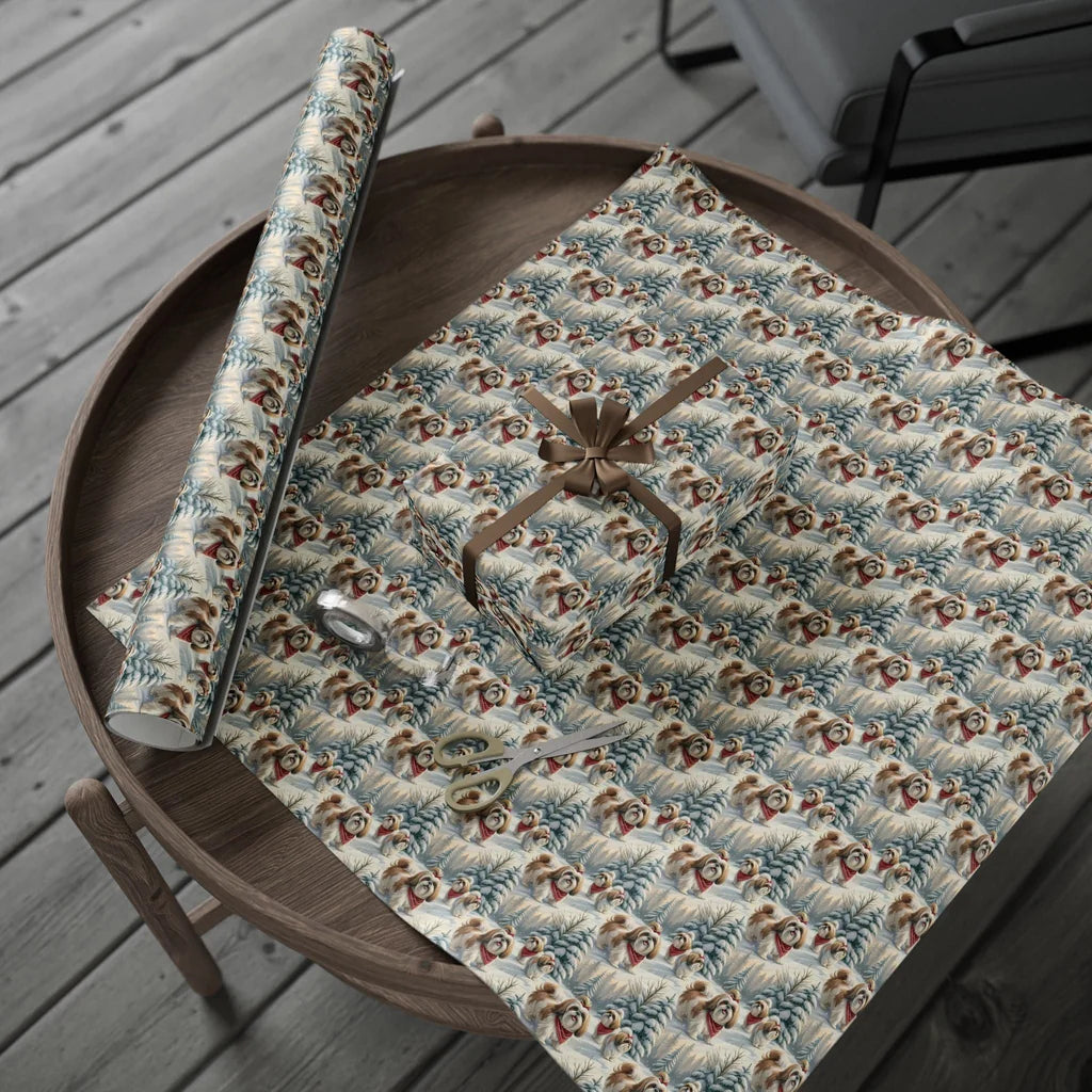 Shih Tzu Christmas Wrapping Paper — Winter Wonderland — gift wrapping presented on a wooden table