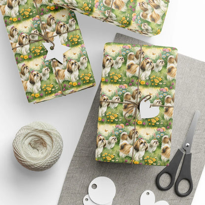 Shih Tzu Garden Wrapping Paper — styled gift wrapping with scissors and twine