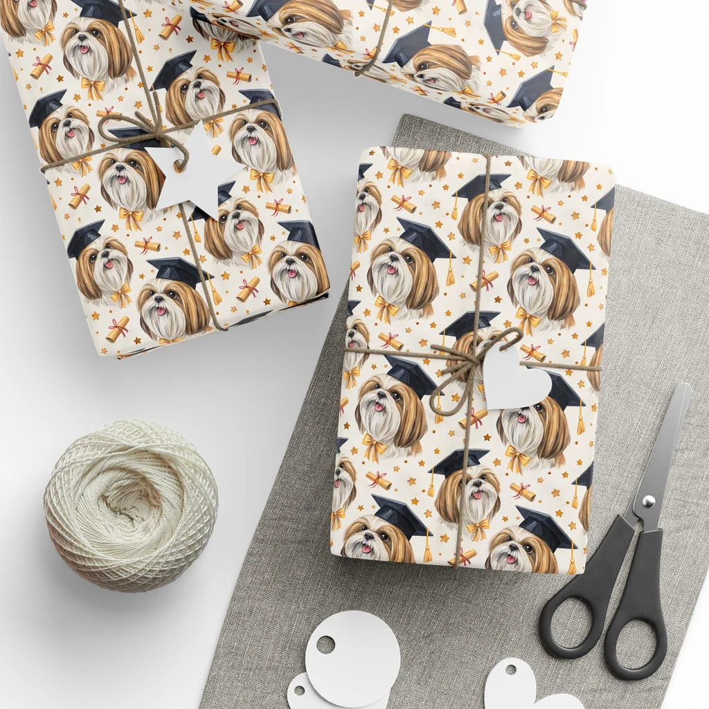 Shih Tzu Graduation Wrapping Paper — styled gift wrapping with scissors and twine