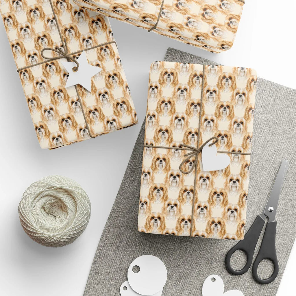 Shih Tzu Portrait Wrapping Paper — styled gift wrapping with scissors and twine