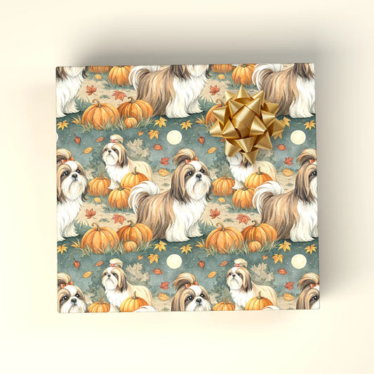Shih Tzu Pumpkin Patch Fall Wrapping Paper — wrapped gift presentation
