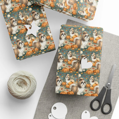 Shih Tzu Pumpkin Patch Fall Wrapping Paper — styled gift wrapping with scissors and twine