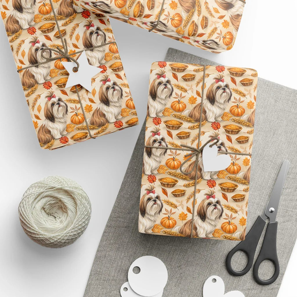 Shih Tzu Thanksgiving Wrapping Paper — styled gift wrapping with scissors and twine
