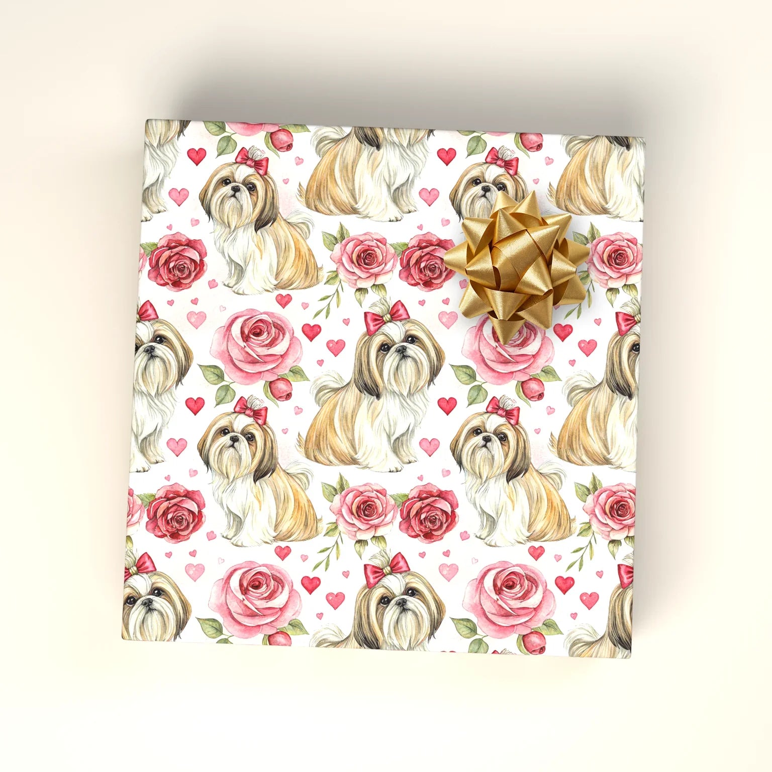 Shih Tzu Valentine Wrapping Paper with Roses and Hearts — wrapped gift presentation