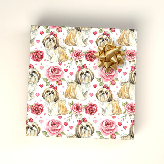 Shih Tzu Valentine Wrapping Paper with Roses and Hearts — wrapped gift presentation