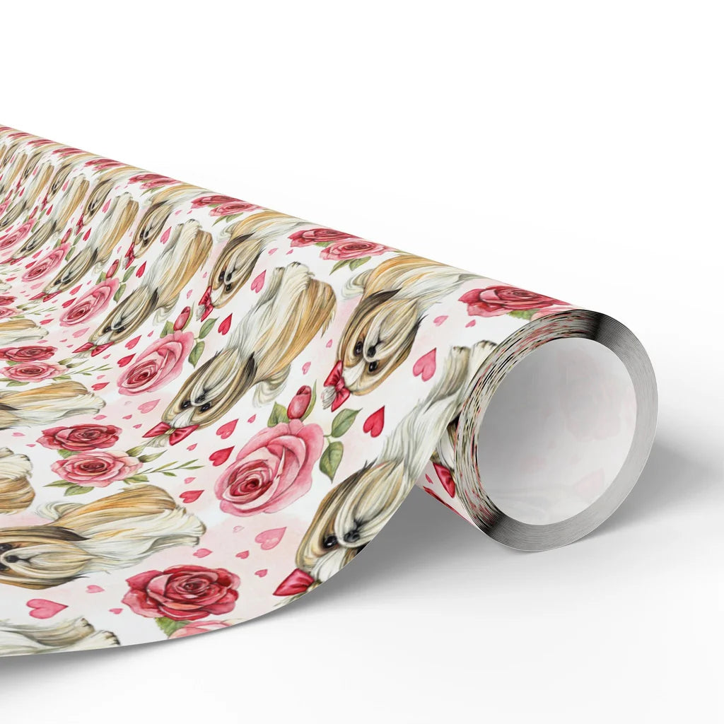 Shih Tzu Valentine Wrapping Paper with Roses and Hearts — paper roll
