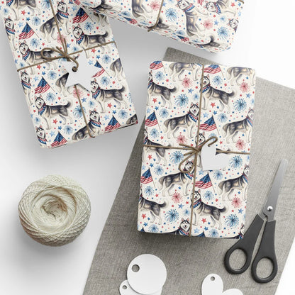 Siberian Husky Americana Wrapping Paper — styled gift wrapping with scissors and twine