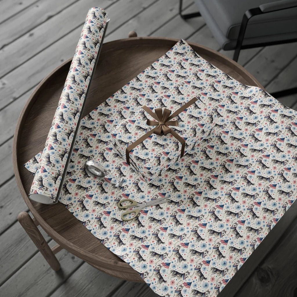 Siberian Husky Americana Wrapping Paper — gift wrapping presented on a wooden table