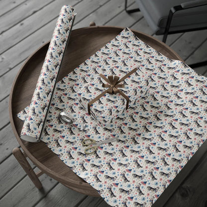 Siberian Husky Americana Wrapping Paper — gift wrapping presented on a wooden table
