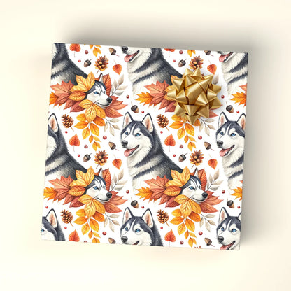 Siberian Husky Autumn Wrapping Paper — wrapped gift presentation