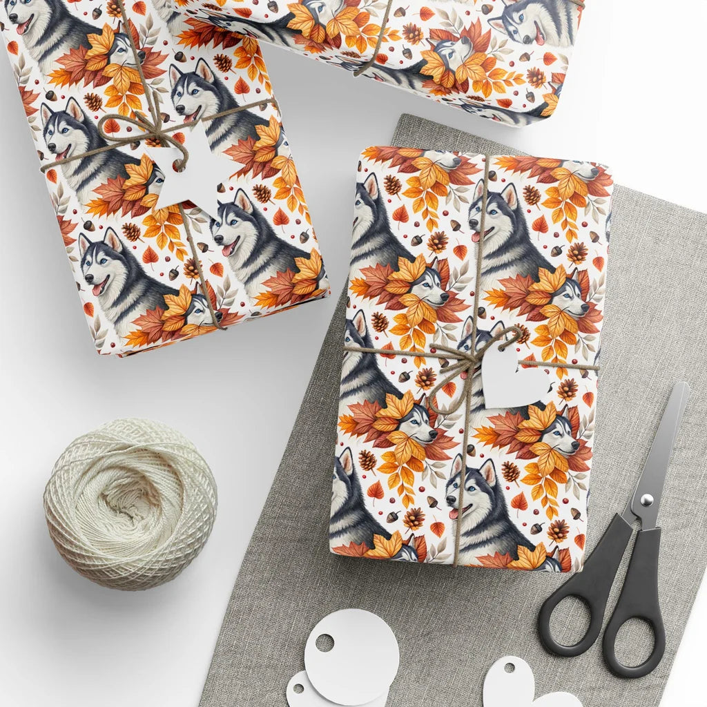 Siberian Husky Autumn Wrapping Paper — styled gift wrapping with scissors and twine