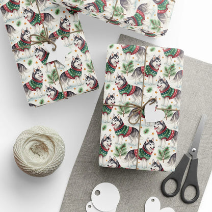 Siberian Husky Christmas Ugly Sweater Wrapping Paper — styled gift wrapping with scissors and twine