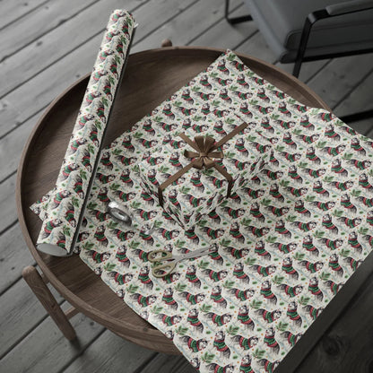 Siberian Husky Christmas Ugly Sweater Wrapping Paper — gift wrapping presented on a wooden table