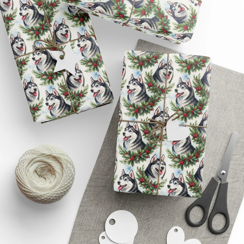 Siberian Husky Christmas Wrapping Paper — styled gift wrapping with scissors and twine