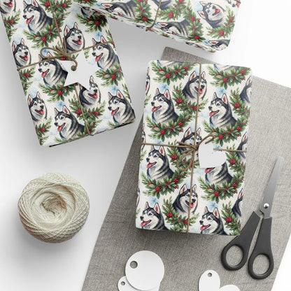 Siberian Husky Christmas Wrapping Paper — styled gift wrapping with scissors and twine