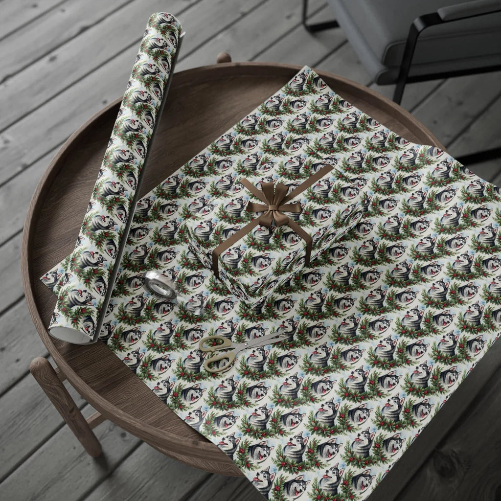 Siberian Husky Christmas Wrapping Paper — gift wrapping presented on a wooden table