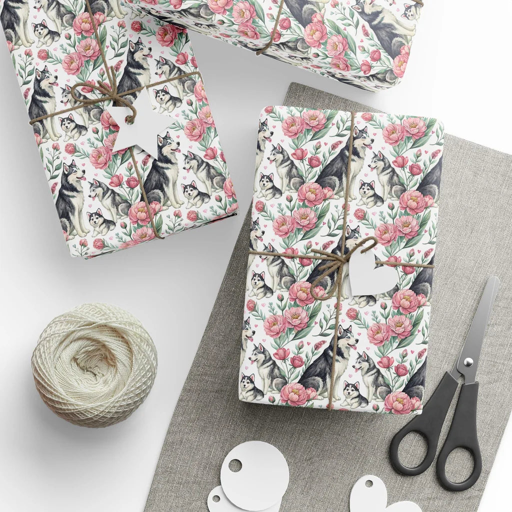 Siberian Husky Floral Wrapping Paper — styled gift wrapping with scissors and twine