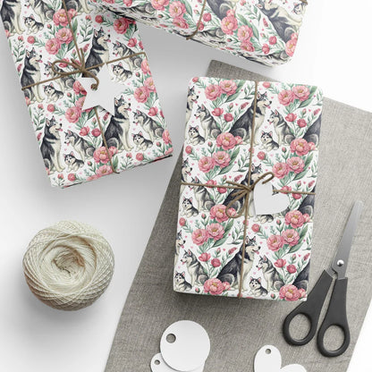 Siberian Husky Floral Wrapping Paper — styled gift wrapping with scissors and twine