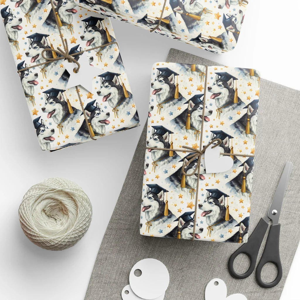 Siberian Husky Graduation Wrapping Paper — styled gift wrapping with scissors and twine