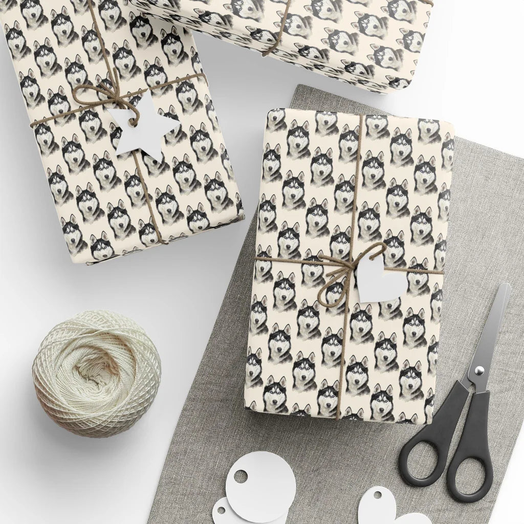 Siberian Husky Portrait Wrapping Paper — styled gift wrapping with scissors and twine