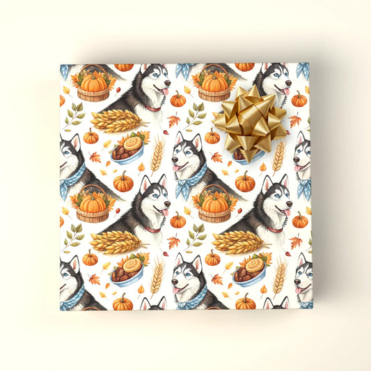 Siberian Husky Thanksgiving Wrapping Paper — wrapped gift presentation