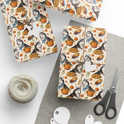 Siberian Husky Thanksgiving Wrapping Paper — styled gift wrapping with scissors and twine