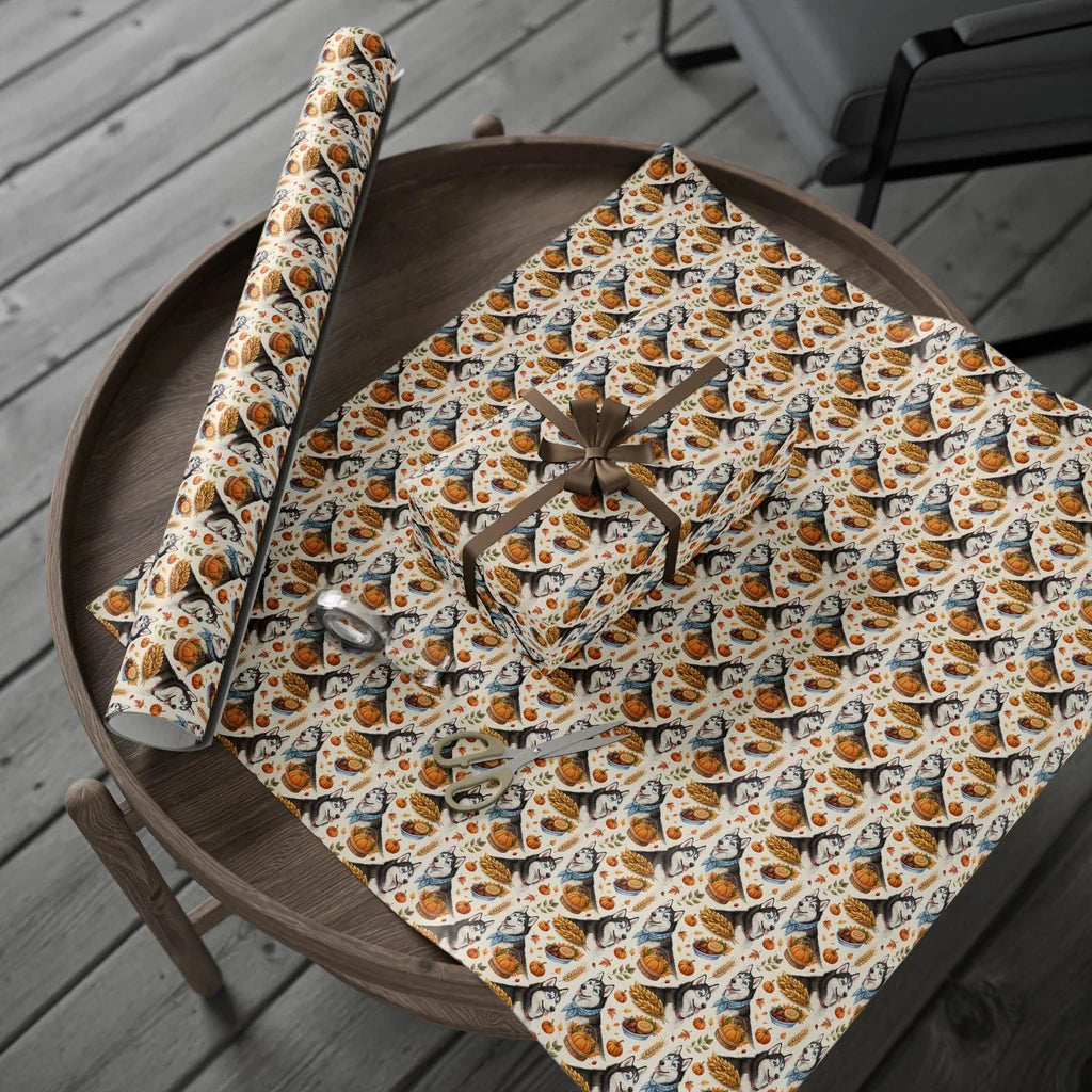 Siberian Husky Thanksgiving Wrapping Paper — gift wrapping presented on a wooden table