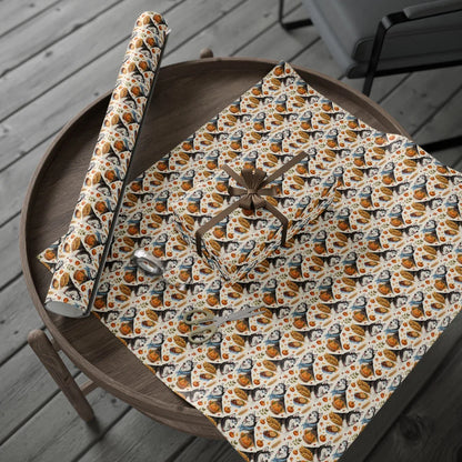 Siberian Husky Thanksgiving Wrapping Paper — gift wrapping presented on a wooden table