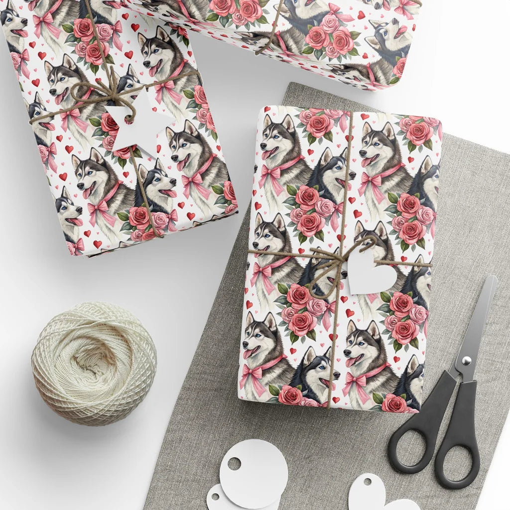 Siberian Husky Valentine Wrapping Paper — styled gift wrapping with scissors and twine